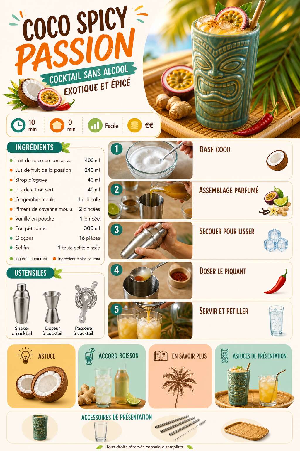 Fiche recette Recette de coco spicy passion : cocktail sans alcool exotique et &eacute;pic&eacute;