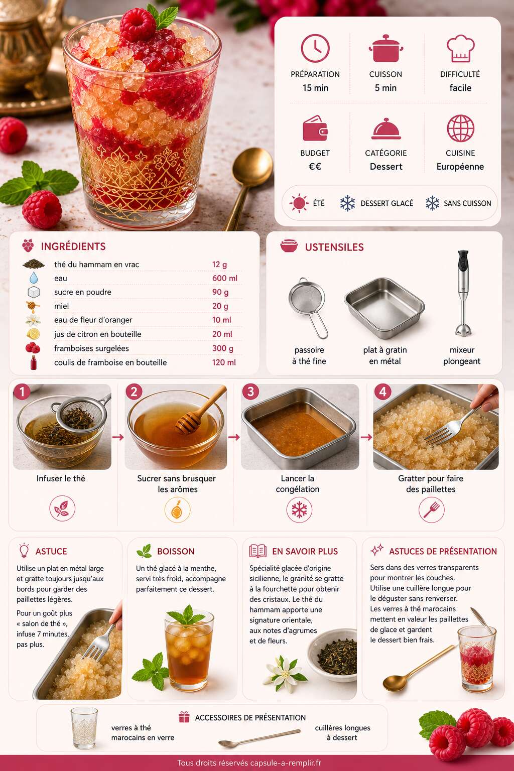 Fiche recette Granité au thé du hammam et framboises : recette rafraîchissante Fiche recette Granité au thé du hammam et framboises : recette rafraîchissante
