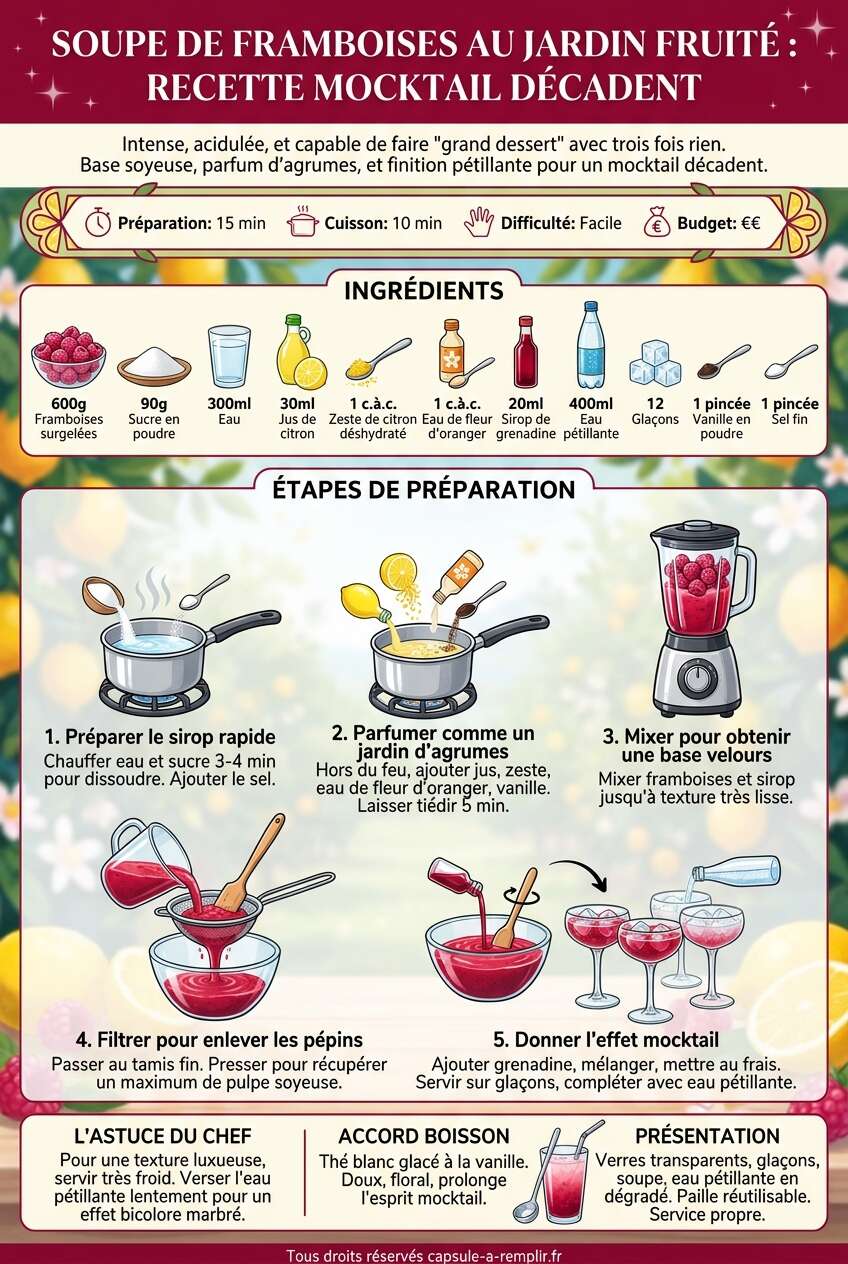 Fiche recette Soupe de framboises au jardin fruité : recette mocktail décadent Fiche recette Soupe de framboises au jardin fruité : recette mocktail décadent