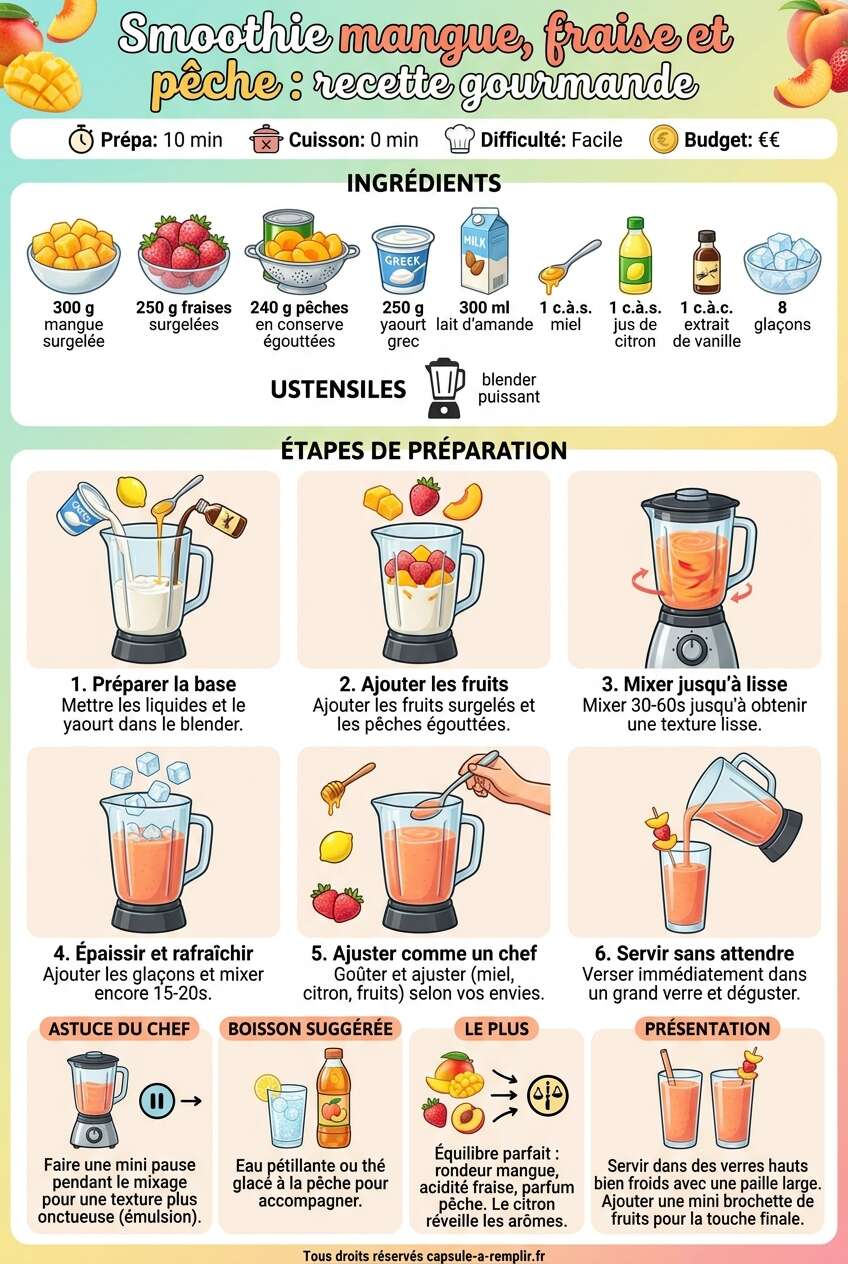 Fiche recette Smoothie mangue, fraise et pêche : recette gourmande Fiche recette Smoothie mangue, fraise et pêche : recette gourmande