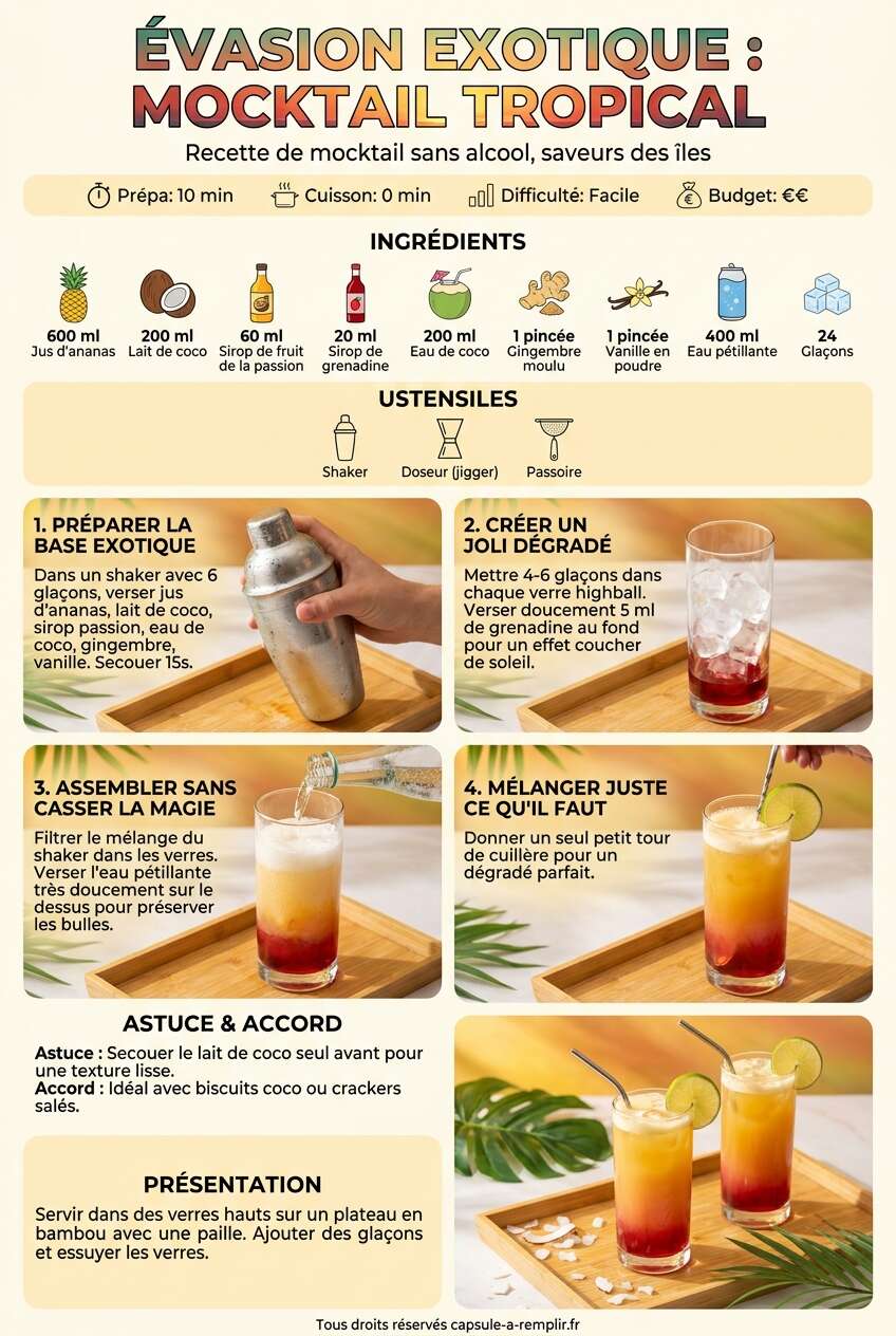 Fiche recette Recette de mocktail : évasion exotique Fiche recette Recette de mocktail : évasion exotique