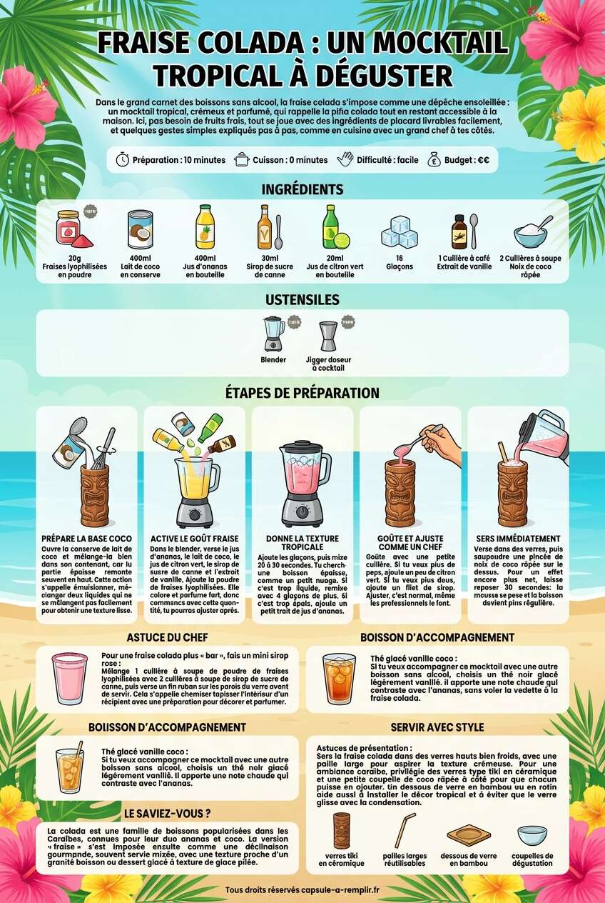 Fiche recette Recette Fraise Colada : un Mocktail Tropical À Déguster Fiche recette Recette Fraise Colada : un Mocktail Tropical À Déguster