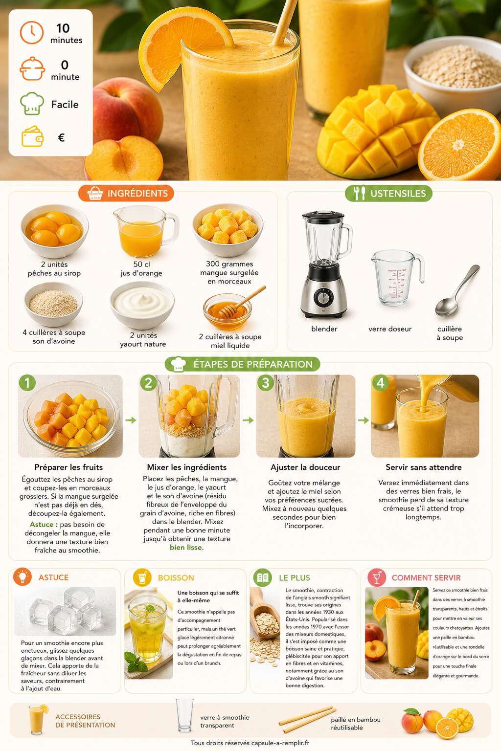 Fiche recette Smoothie p&ecirc;ches, orange, mangue et son d'avoine : une recette vitamin&eacute;e