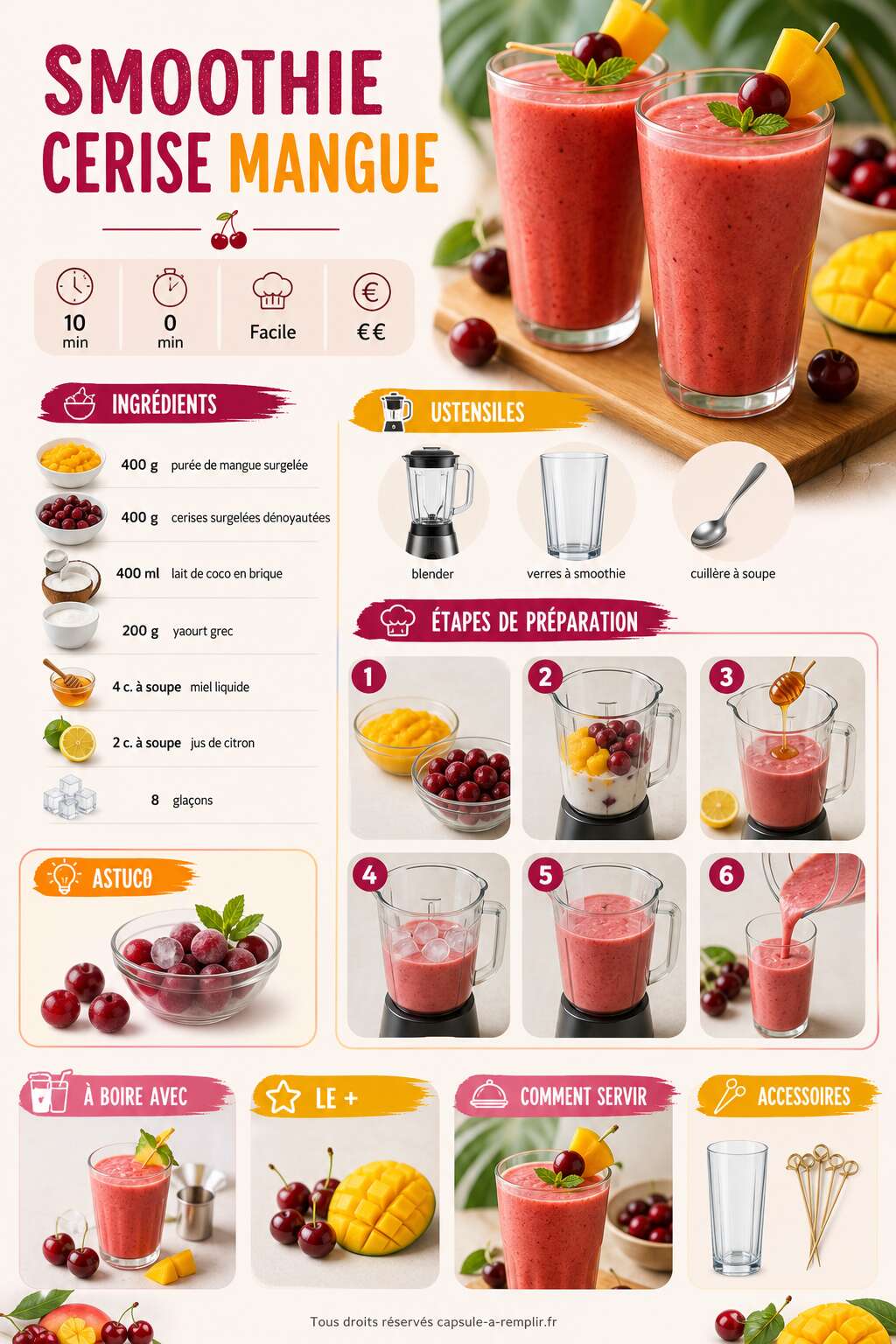 Fiche recette Smoothie cerise mangue : recette délicieuse et rafraîchissante Fiche recette Smoothie cerise mangue : recette délicieuse et rafraîchissante