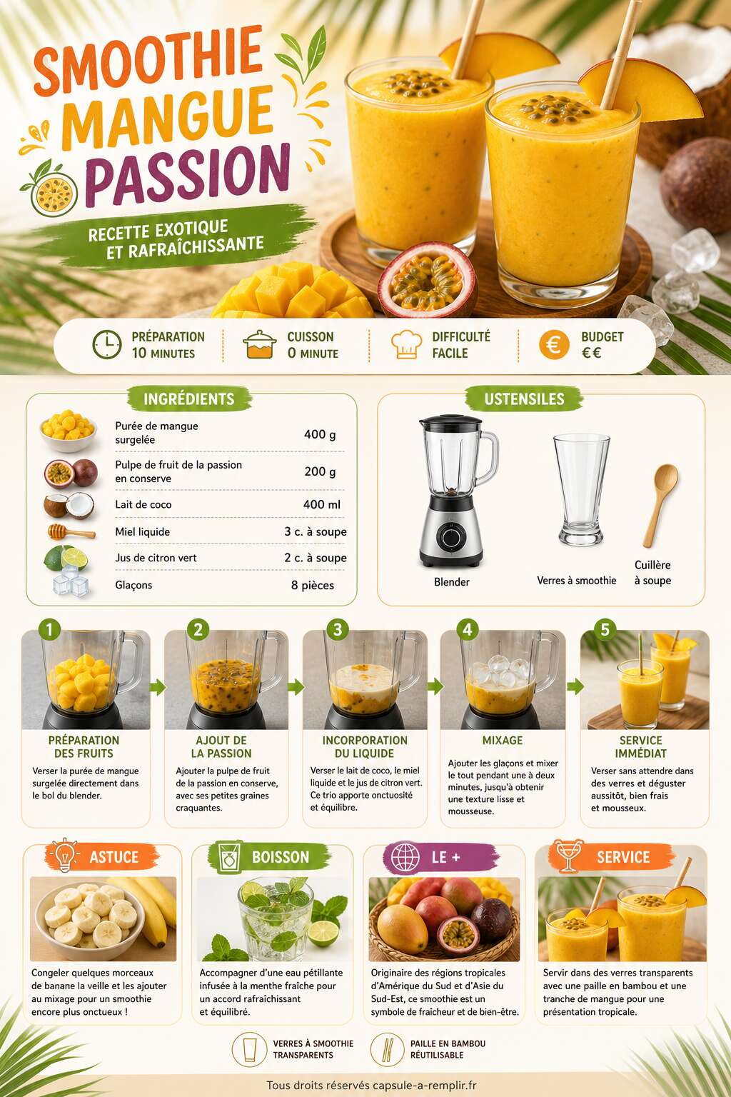 Fiche recette Smoothie Mangue Passion : recette exotique et rafra&icirc;chissante