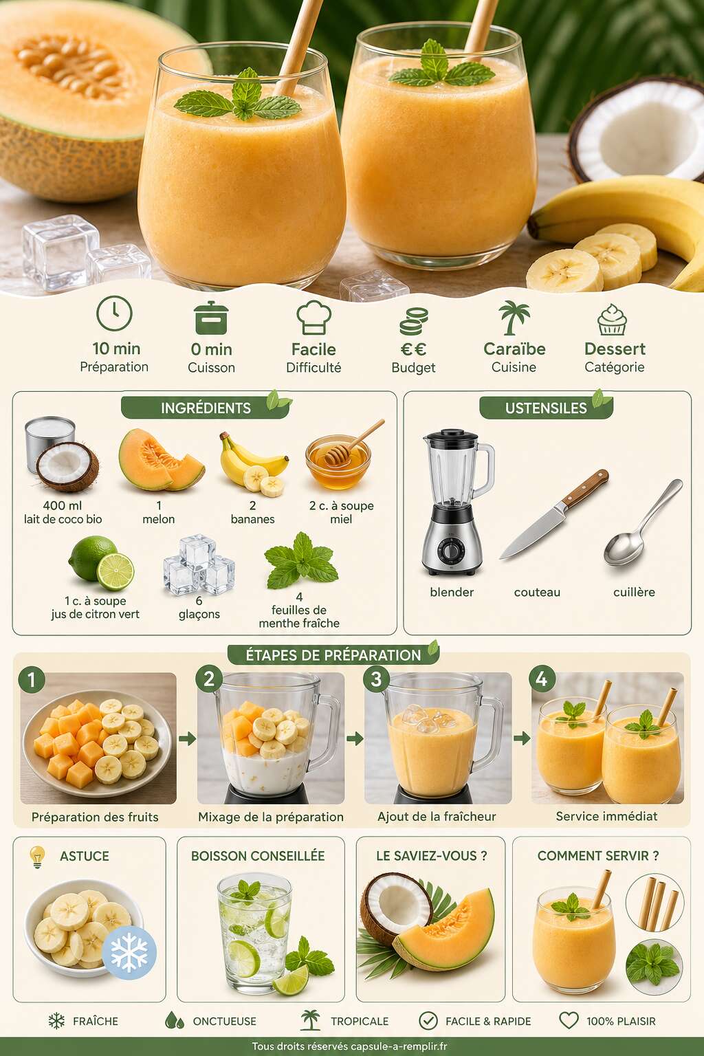 Fiche recette Smoothie melon banane au lait de coco bio : recette fraîche et facile Fiche recette Smoothie melon banane au lait de coco bio : recette fraîche et facile