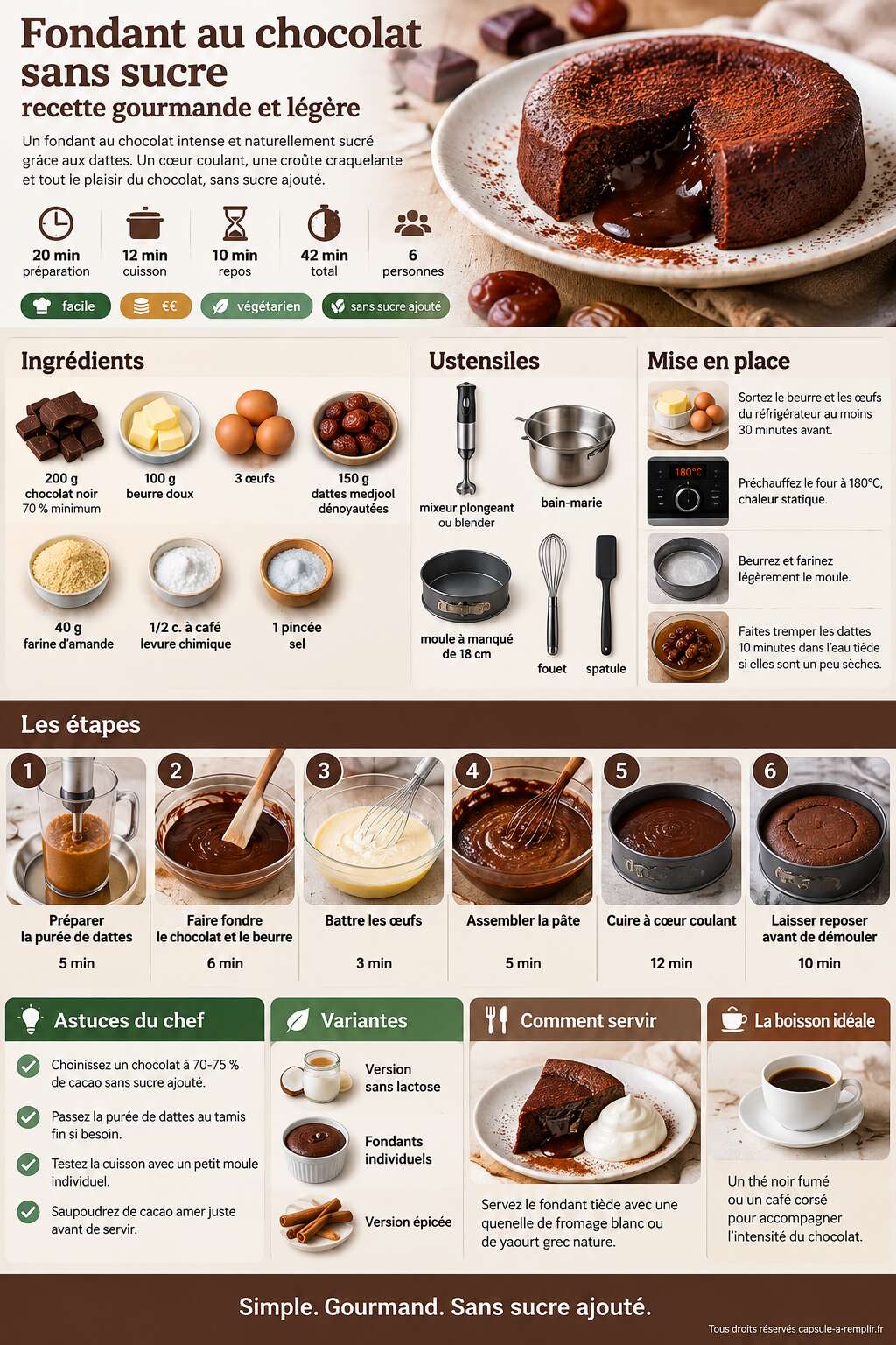 Fiche recette Fondant au chocolat sans sucre : recette gourmande et légère Fiche recette Fondant au chocolat sans sucre : recette gourmande et légère