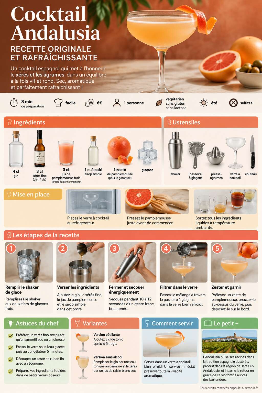 Fiche recette Cocktail Andalusia : recette originale et rafraîchissante Fiche recette Cocktail Andalusia : recette originale et rafraîchissante