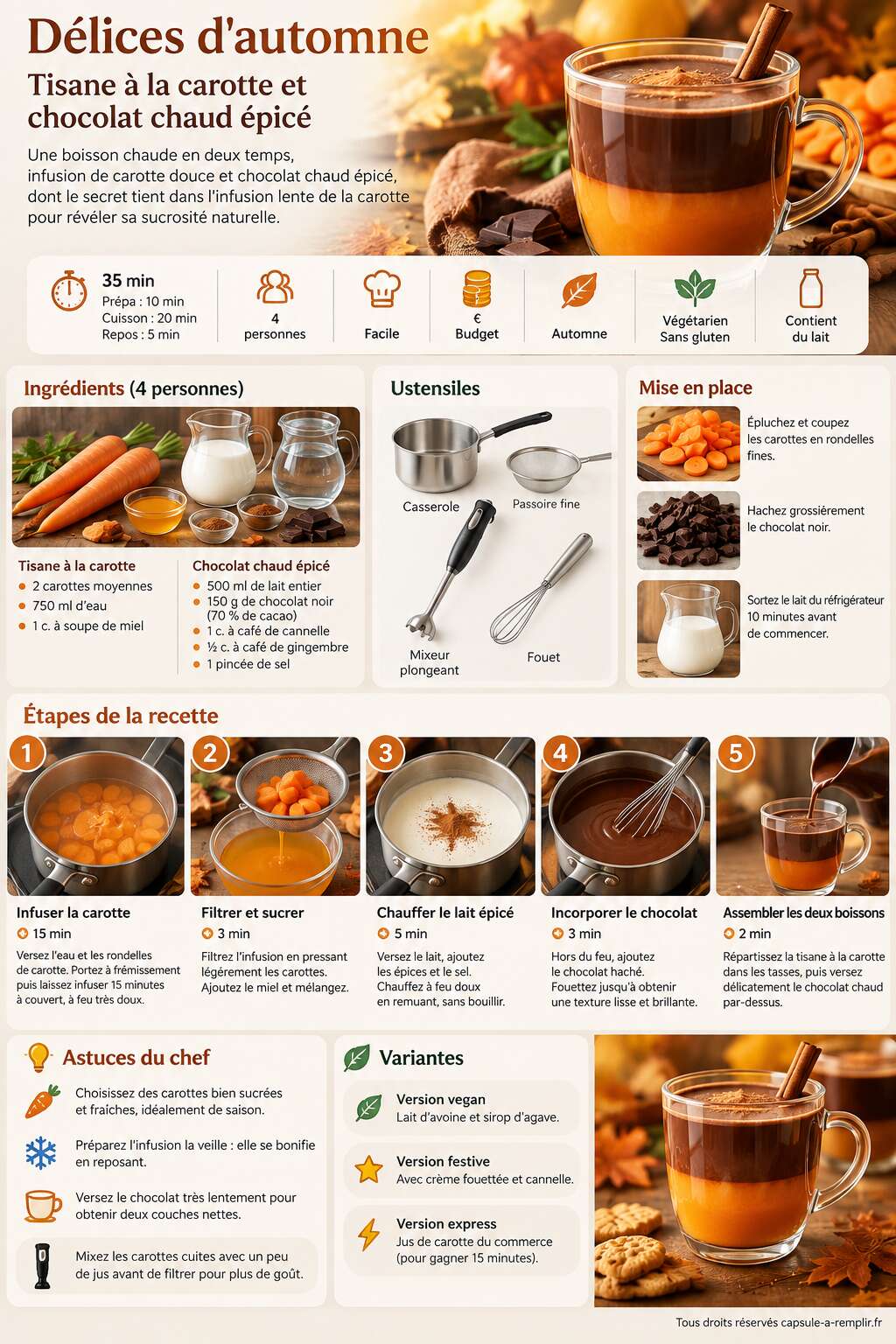 Fiche recette Délices d'automne : tisane à la carotte et chocolat chaud épicé Fiche recette Délices d'automne : tisane à la carotte et chocolat chaud épicé